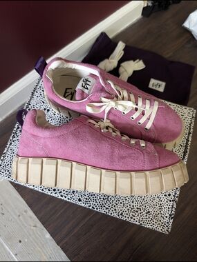 Eytys Pink Suede Leather Odessa Mens Platform Lug Sole Jumbo Lace Sneakers 43